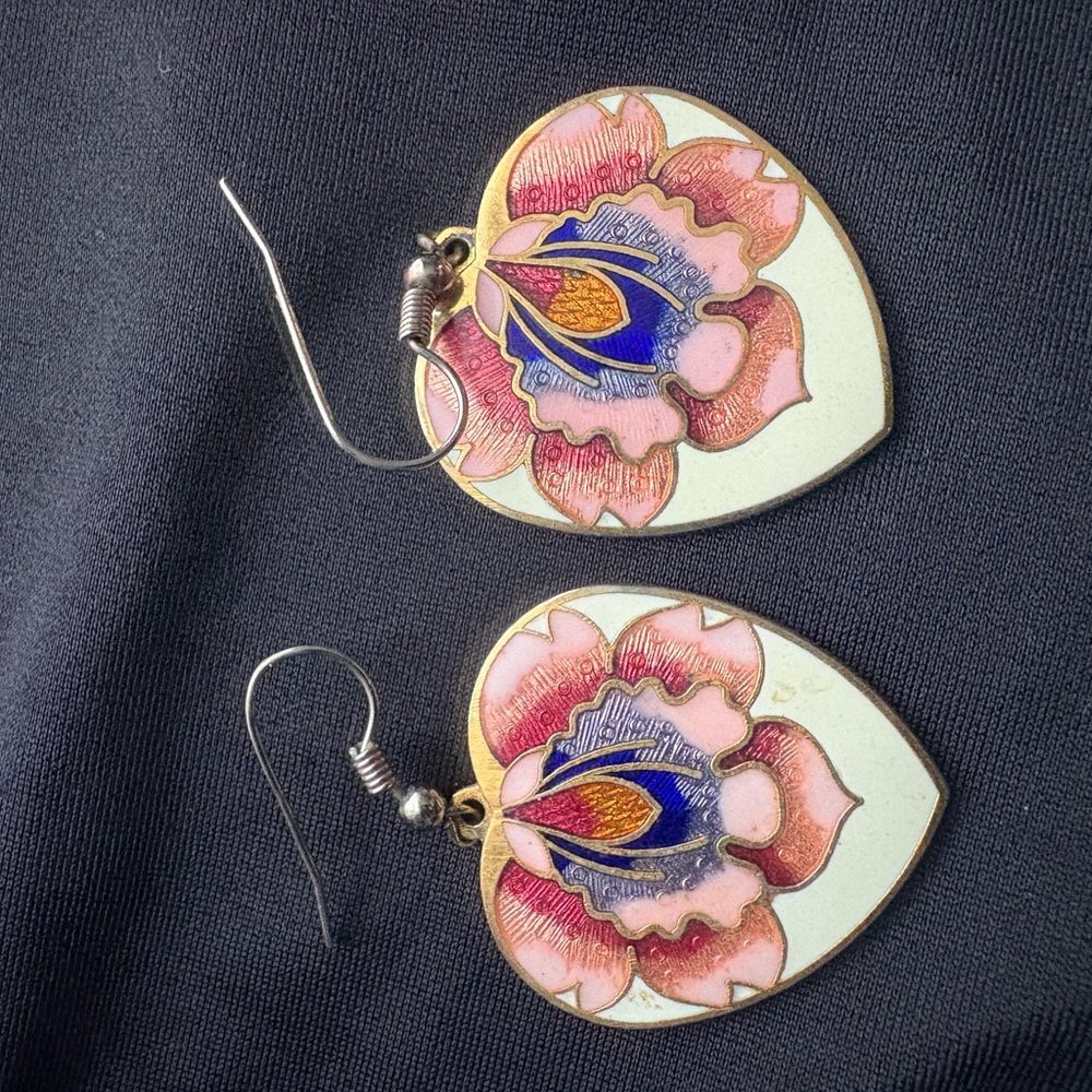 Cloisonné Floral Heart Earrings with Pink and Blue Accents